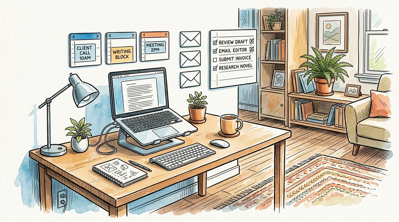 Watercolor illustration of a home office desk with a laptop, digital calendar notes, task list, and plants.