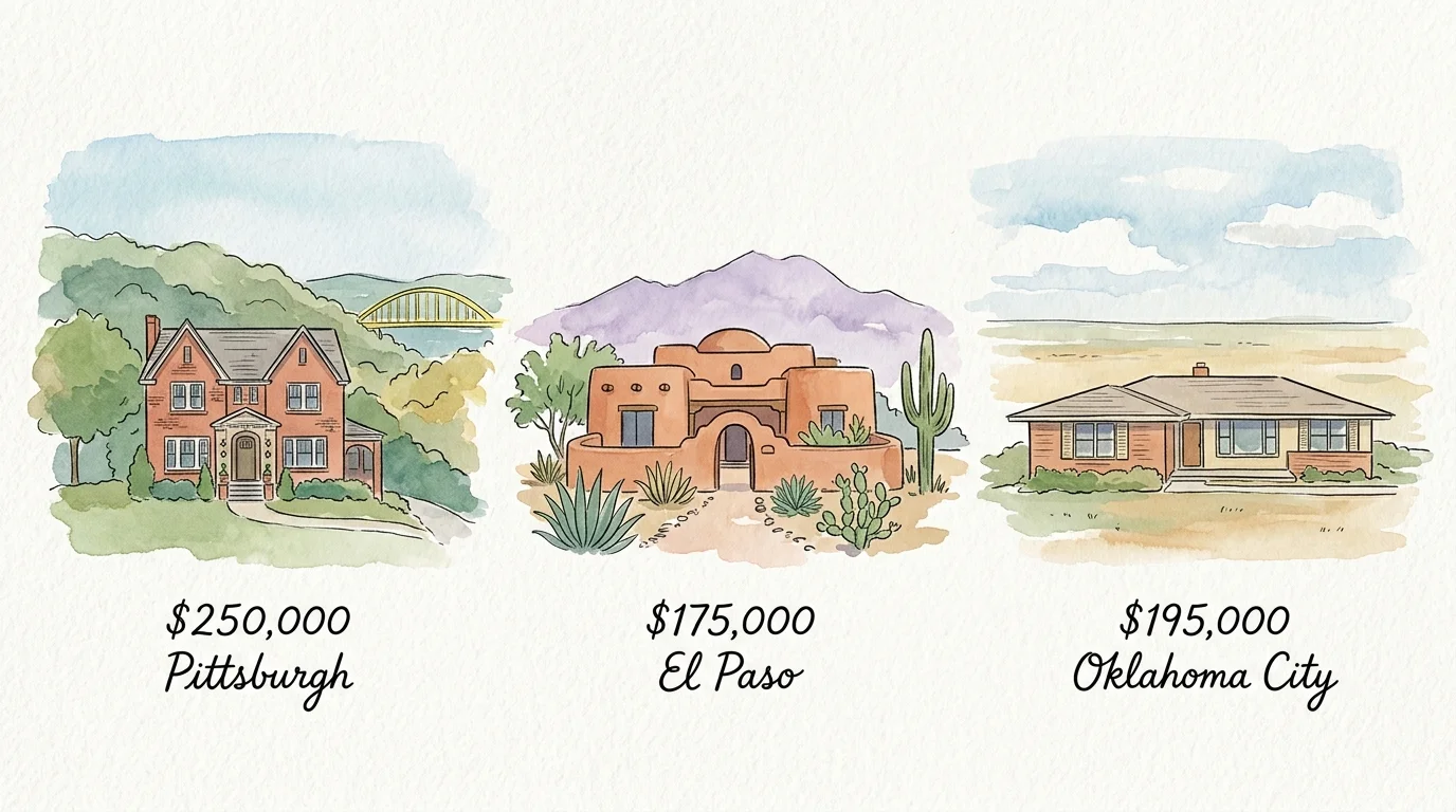 Watercolor illustration of three affordable retirement homes in Pittsburgh, El Paso, and Oklahoma City.