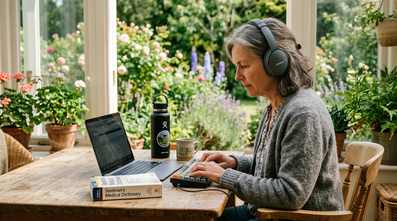 A woman wearing headphones types on a keyboard with a laptop and medical dictionary on a wooden table in a sunroom.