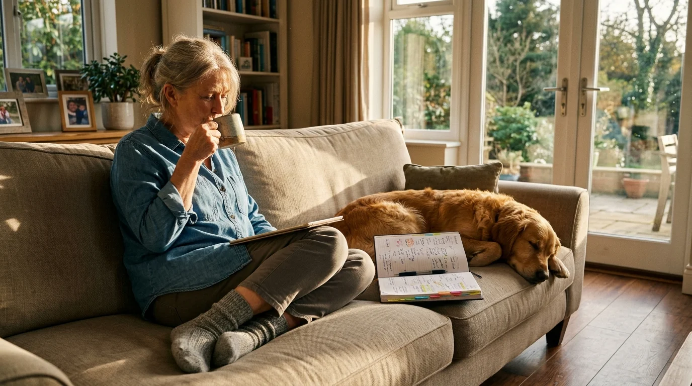 Woman sitting on a sofa drinking from a mug with a tablet and open planner beside a sleeping golden retriever dog.