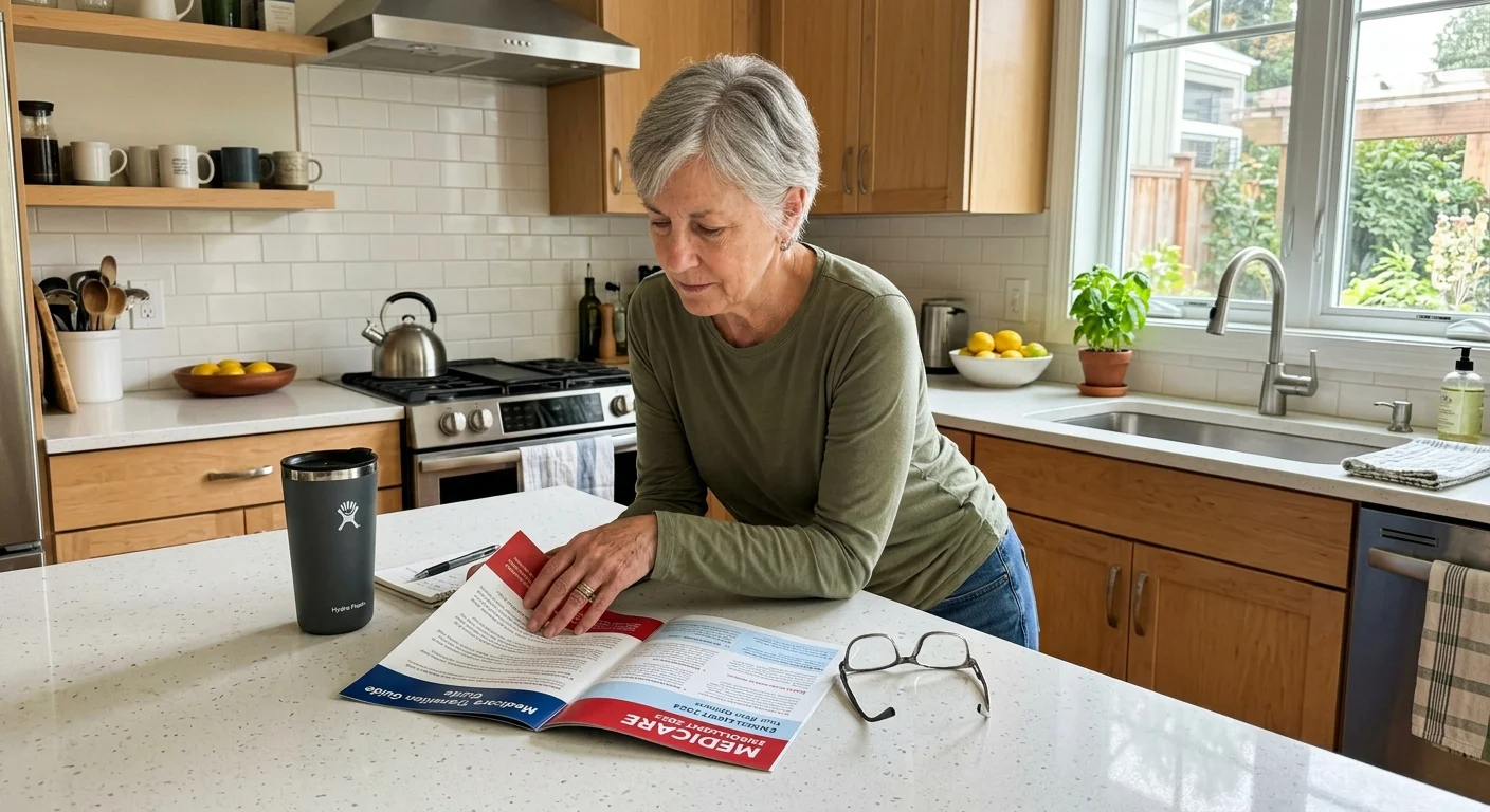 A woman leans over a kitchen island reading an open Medicare transition guide next to her eyeglasses.