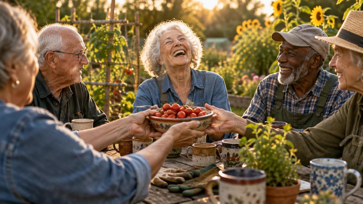 Smiling seniors sit around an outdoor table in a sunny community garden, passing a bowl of fresh tomatoes.