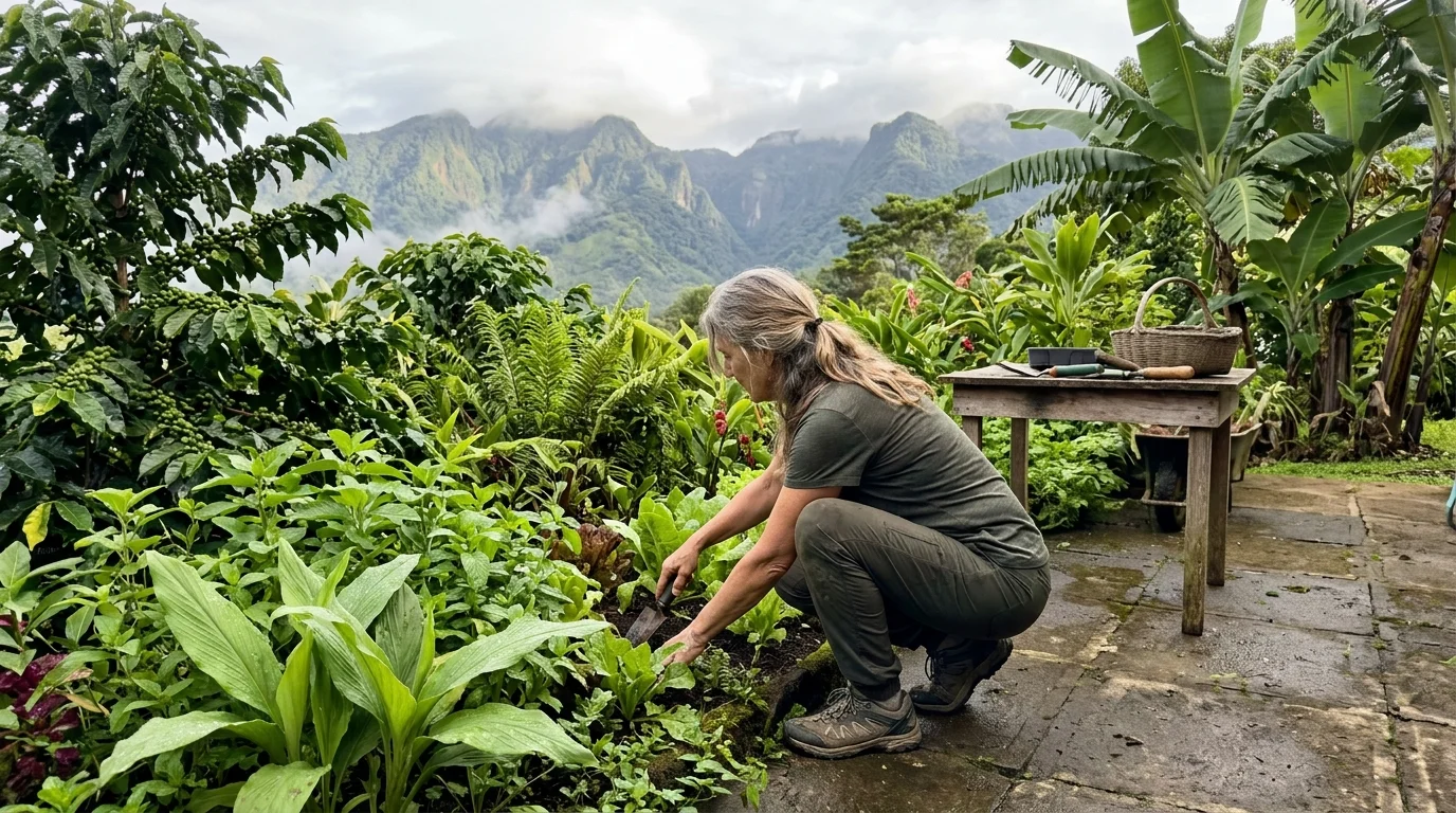 A woman gardens among lush tropical plants on a stone patio against misty green mountains.