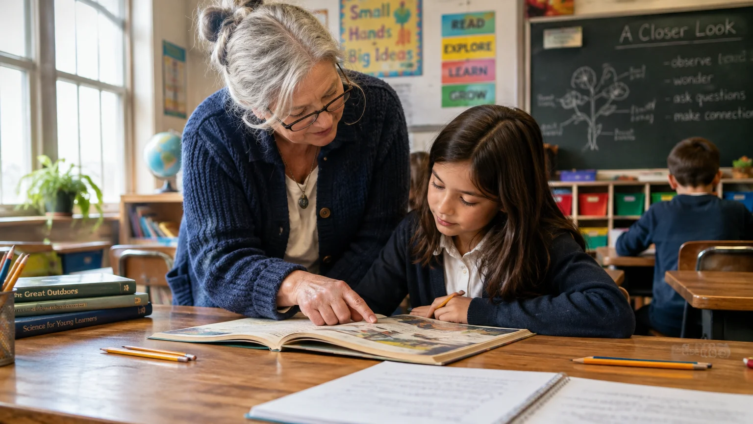 A senior female teacher leans over a desk to help a young student read a textbook in an elementary classroom.