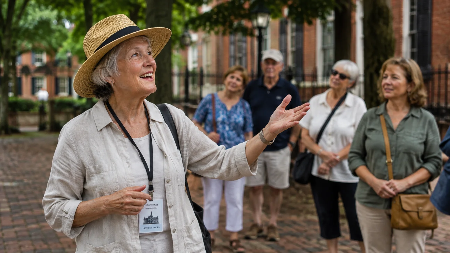 Older woman wearing a straw hat and tour badge speaks and gestures to a small group of adults on a brick walkway.
