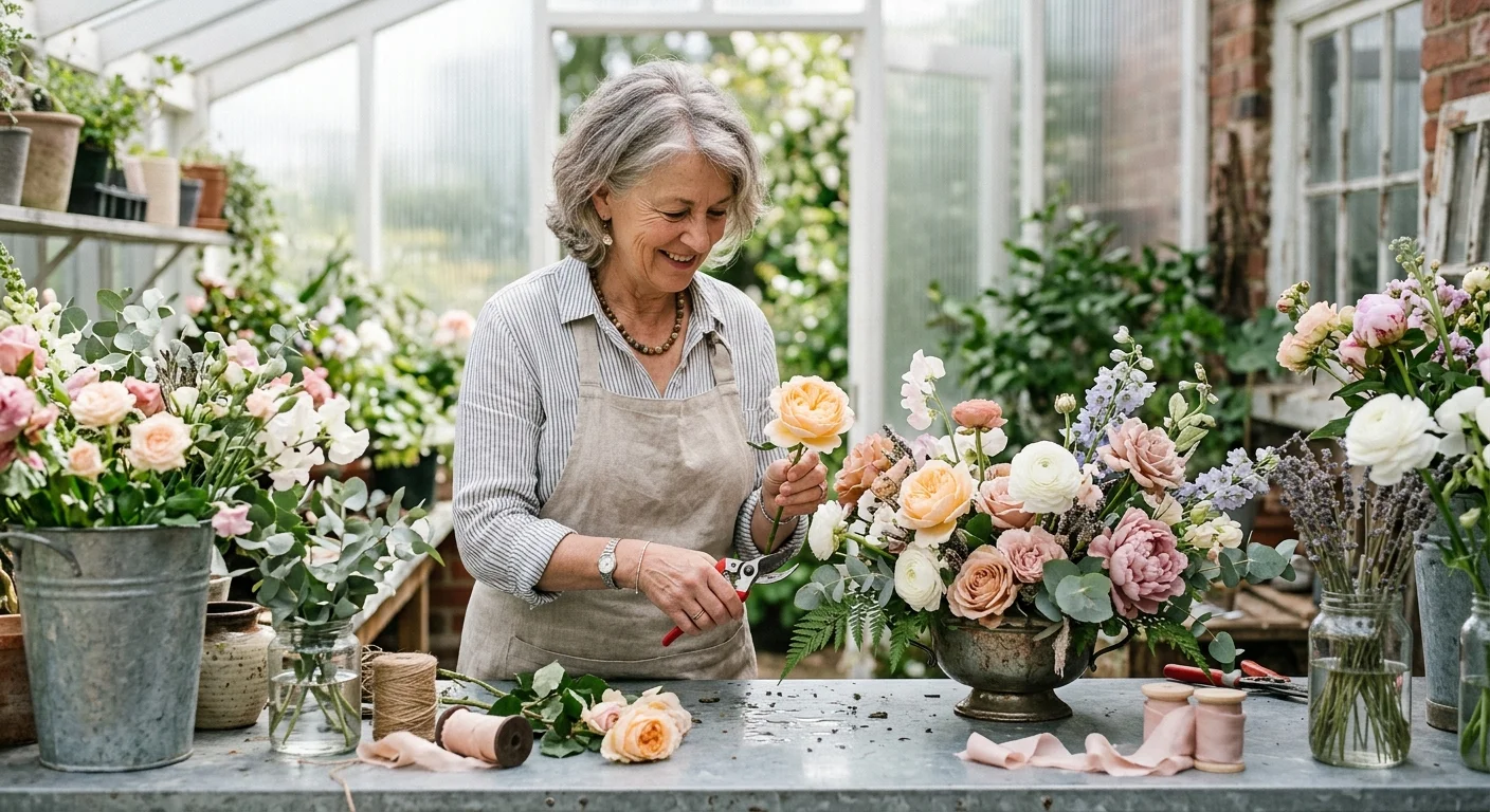 Smiling older woman in an apron trims a rose stem while creating a large flower arrangement in a bright greenhouse.