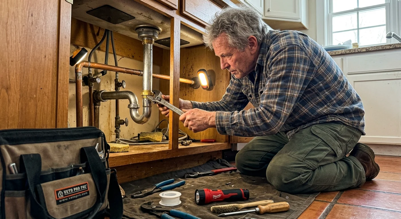 A man kneels on a kitchen floor using an adjustable wrench to repair plumbing pipes beneath an open cabinet.