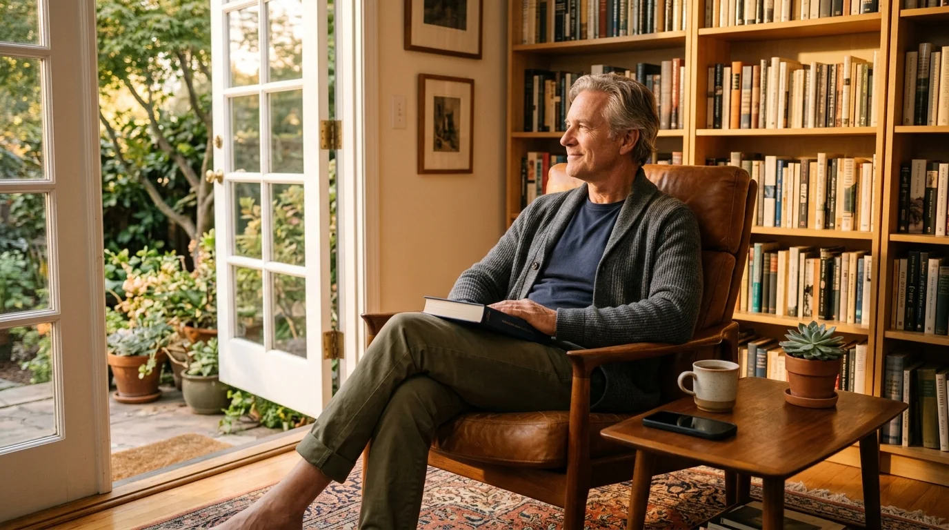 A smiling mature man sits in a leather armchair with a book, looking out through an open patio door next to a full bookshelf.