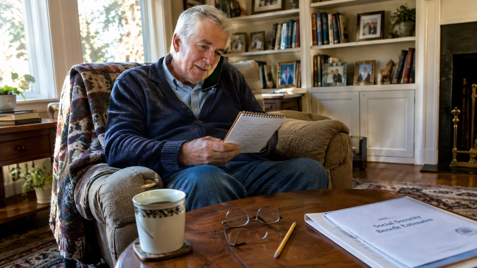Senior man sitting in an armchair talks on a phone while reading a notepad near Social Security documents on a table.