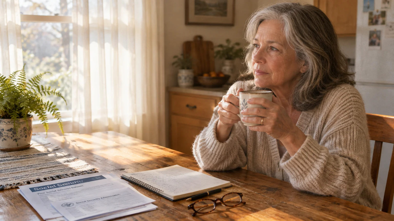 Senior woman holding a mug at a wooden table beside a notebook, glasses, and Social Security paperwork.