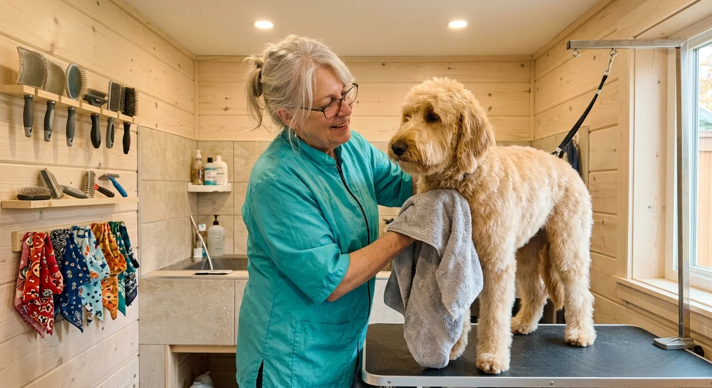 A smiling woman dries a fluffy golden dog with a towel on a grooming table inside a wood-paneled salon.