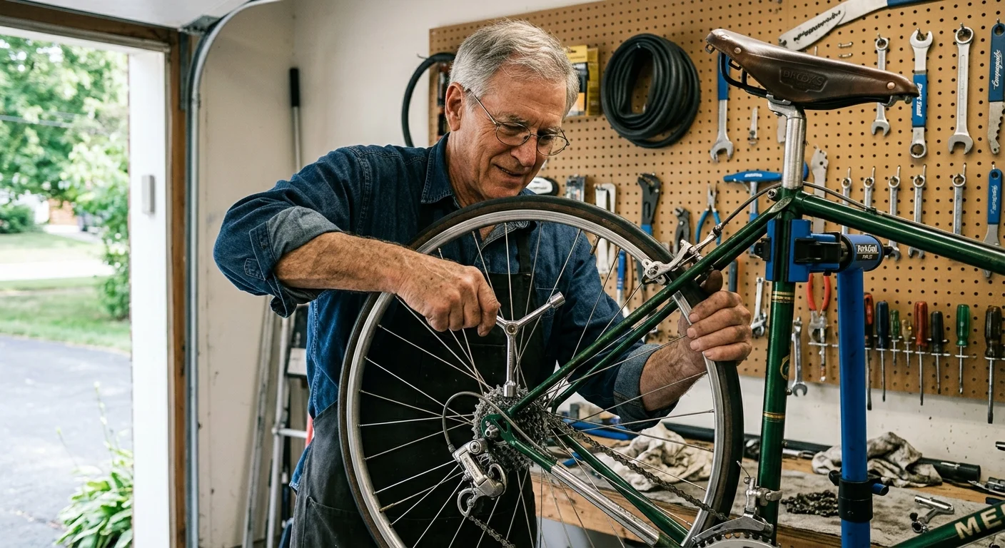 Older man with glasses in an apron repairs the rear wheel of a green bicycle mounted in a workshop.