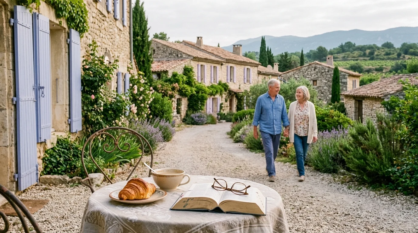 A senior couple walks along a gravel path lined with stone cottages, with a croissant, coffee, and book on a patio table.