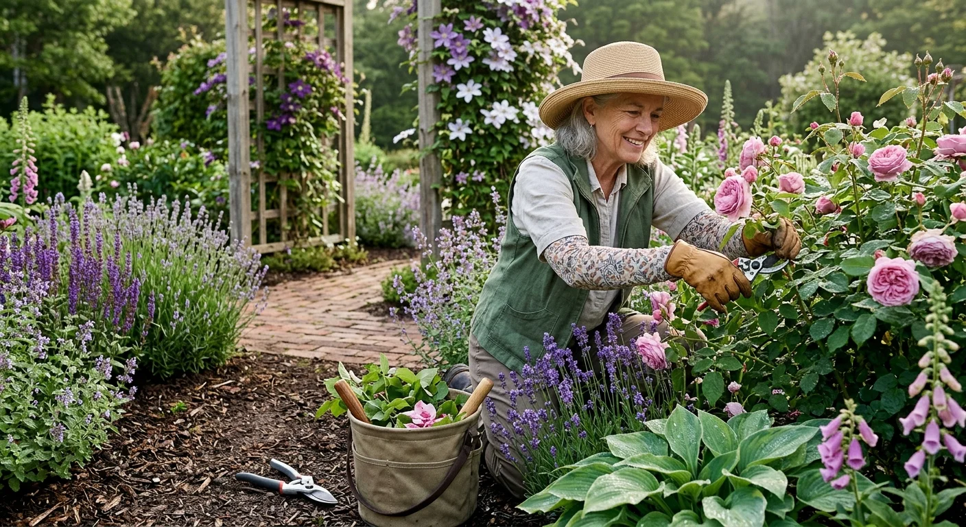 A smiling woman wearing a sun hat and gloves trims pink rose bushes with shears in a lush flower garden.
