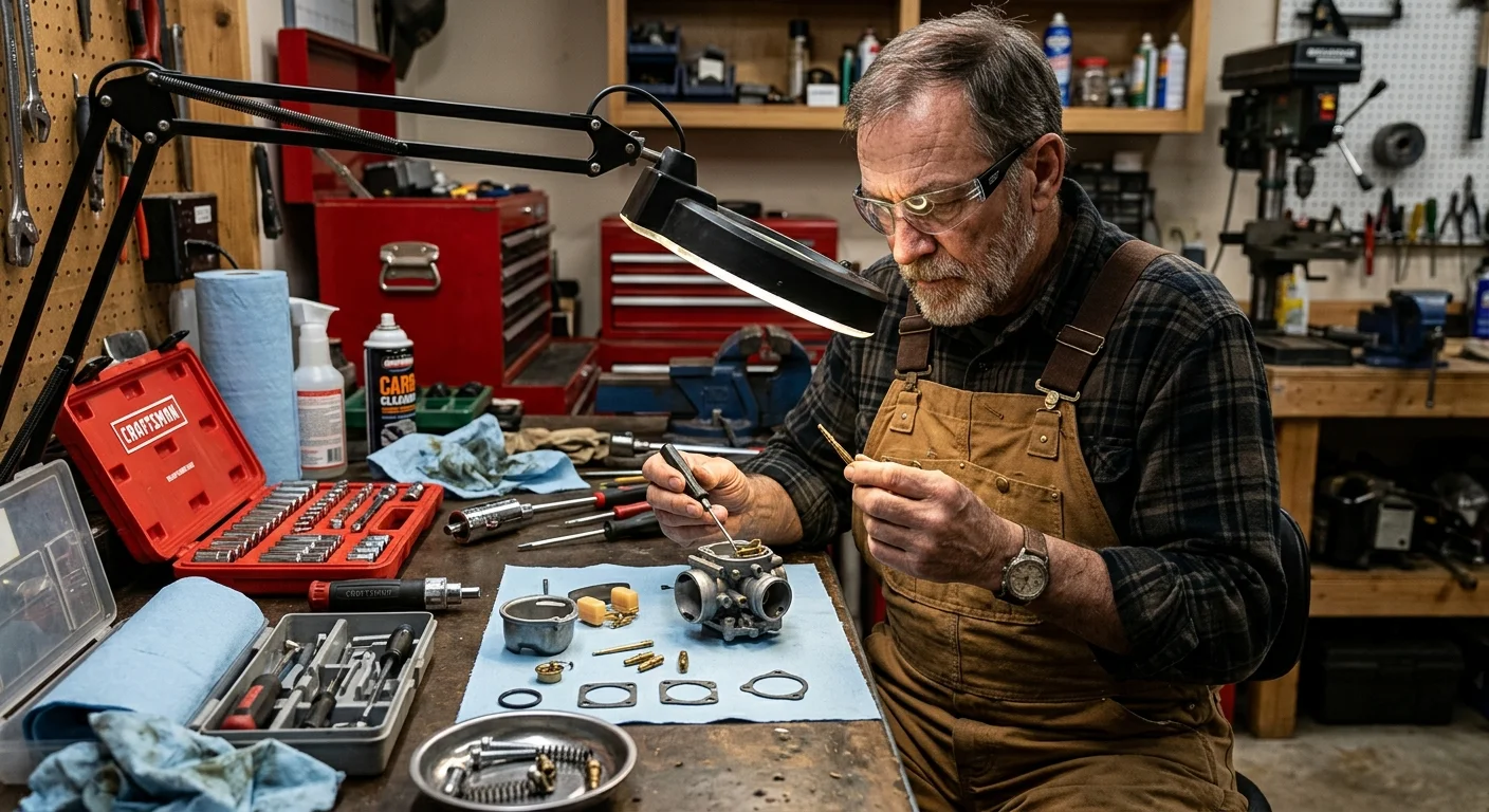 A man wearing overalls and safety glasses works on a disassembled carburetor under an adjustable lamp in a workshop.