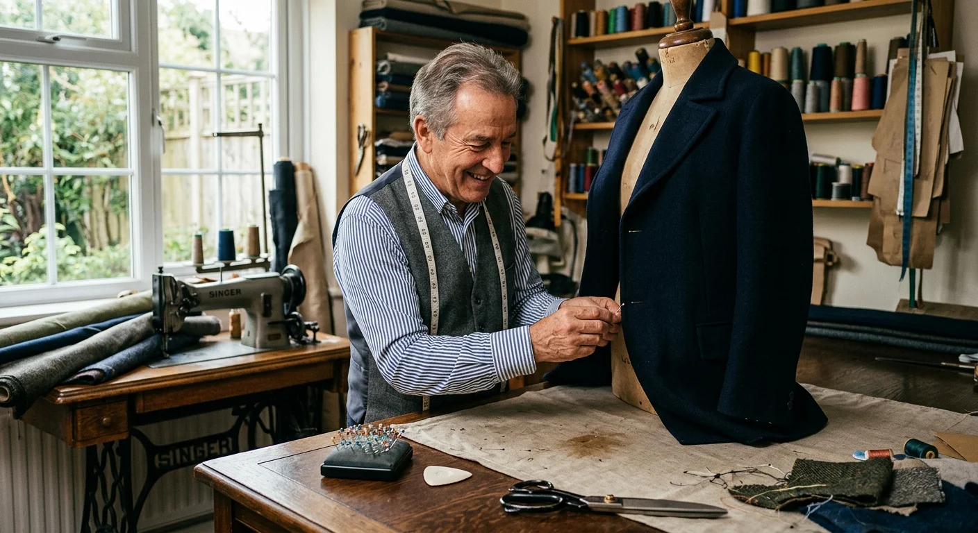 Smiling tailor pinning a navy blue coat on a mannequin in a workshop beside a vintage sewing machine.