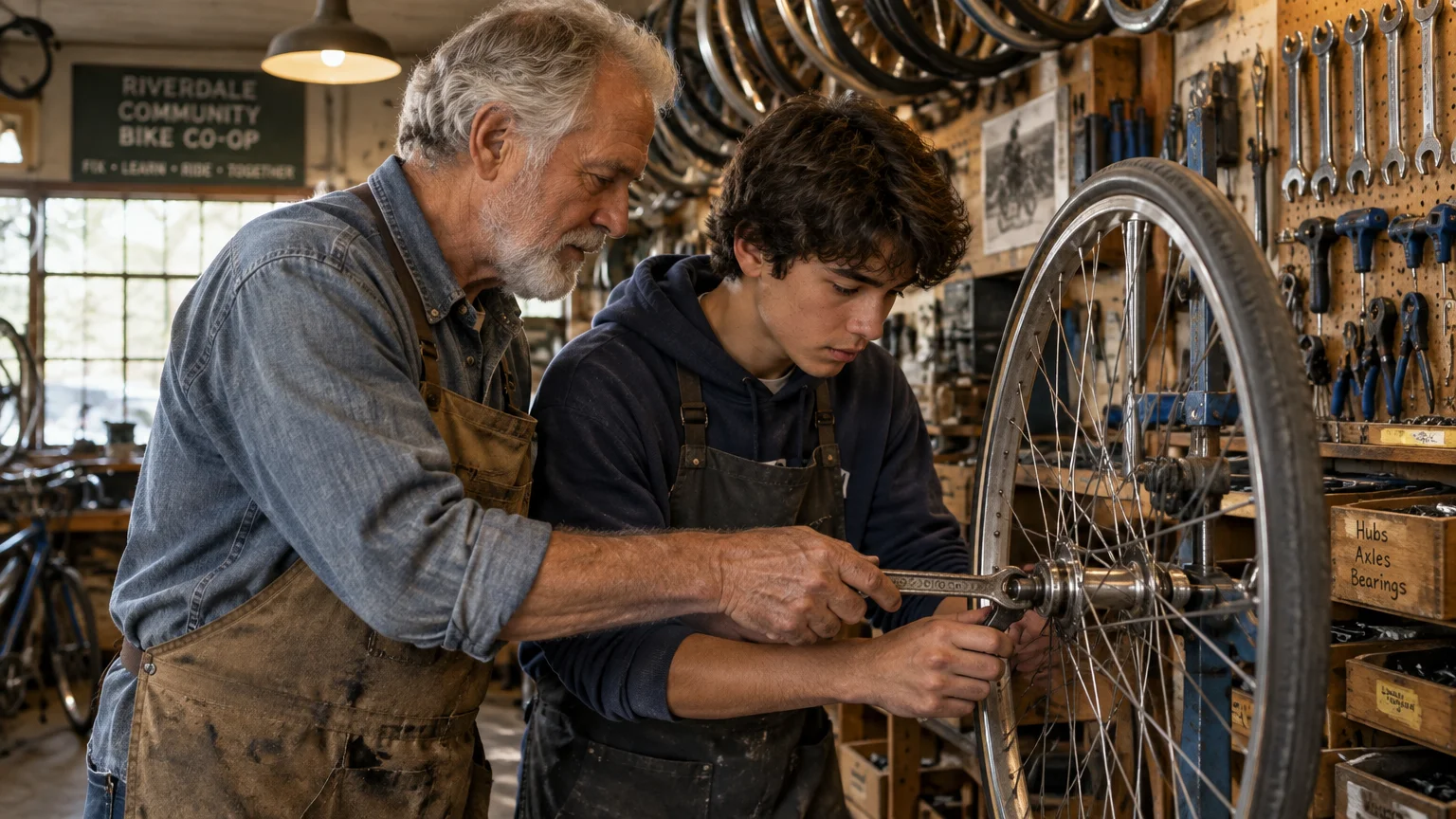 An older man with a grey beard guides a young man adjusting a bicycle wheel hub with a wrench in a workshop.