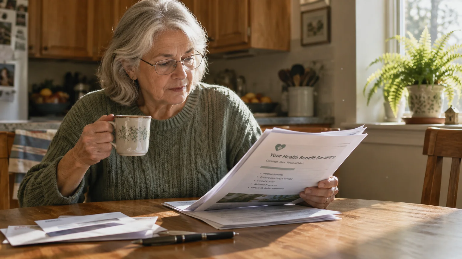 Older woman with glasses sitting at a wooden table, drinking from a mug and reading a health benefit summary document.