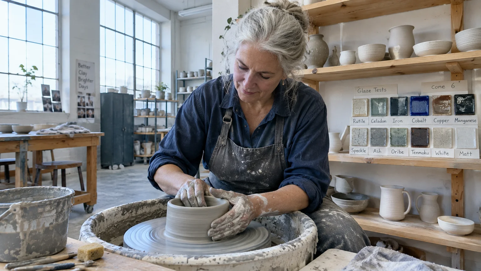 A gray-haired woman wearing an apron shapes clay on a pottery wheel in a bright ceramic studio.