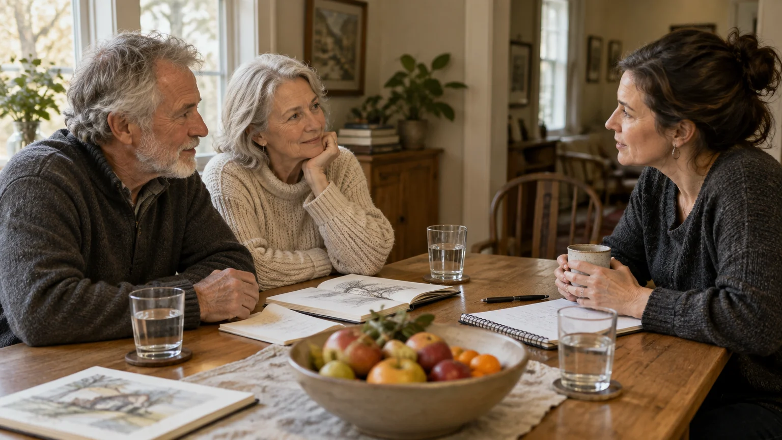 An older couple sits at a wooden dining table conversing with a younger woman alongside notebooks, sketches, and fruit.