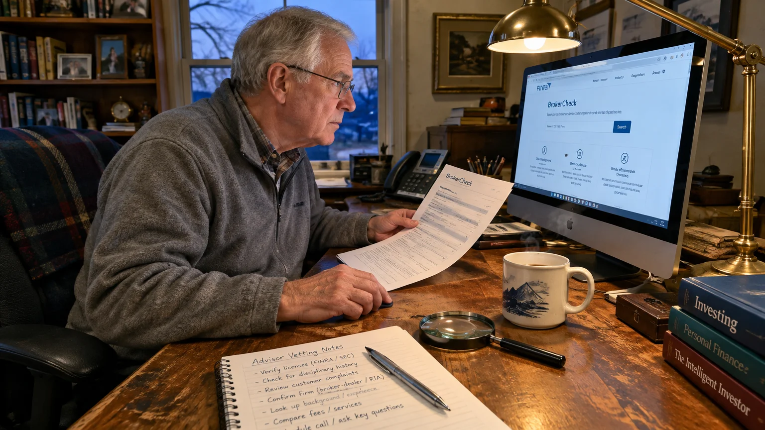 A senior man at a wooden desk reviews paperwork while looking at FINRA's BrokerCheck website on his desktop computer.