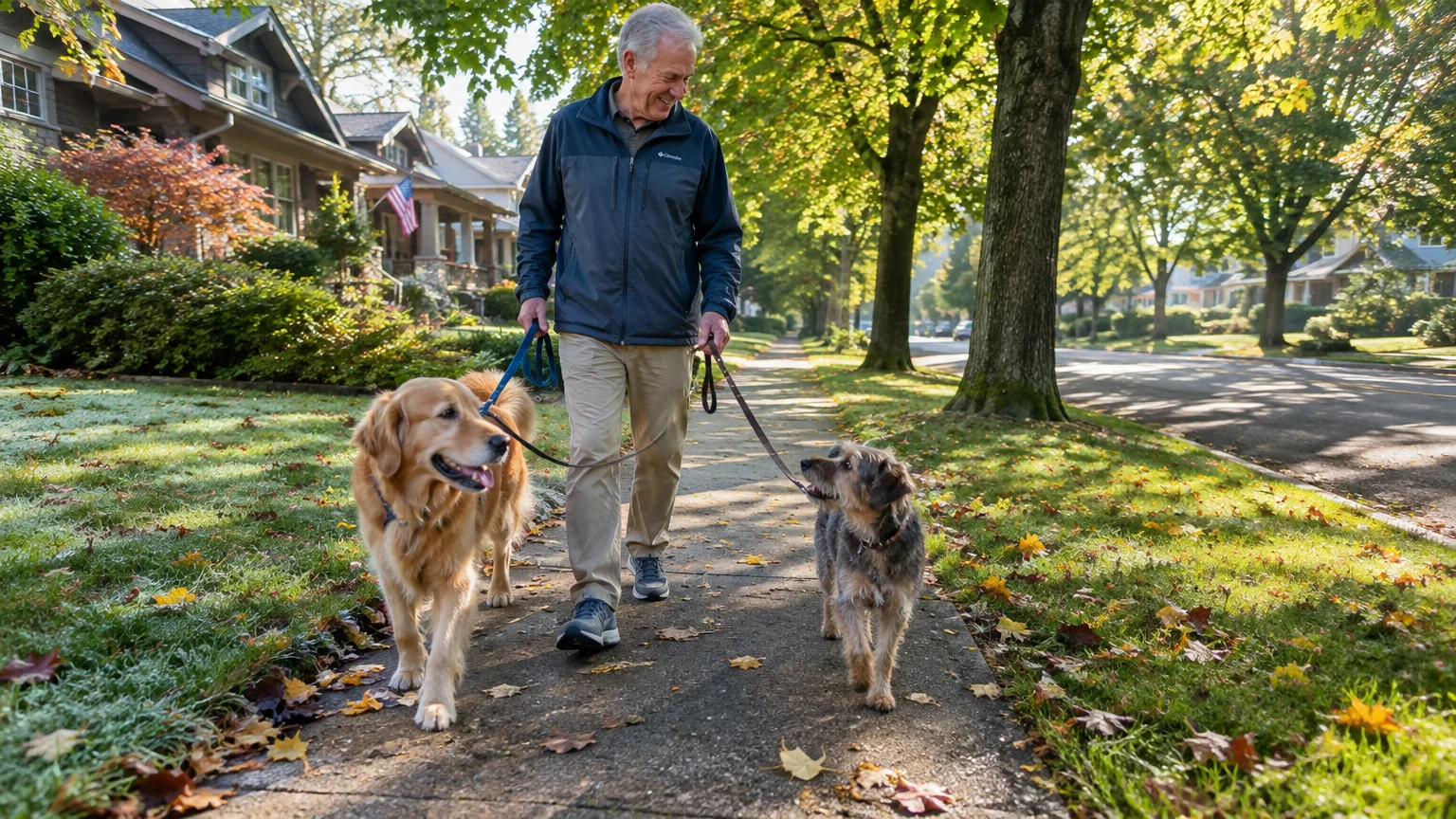 Smiling older man walks a golden retriever and a terrier mix on leashes down a tree-lined suburban sidewalk.