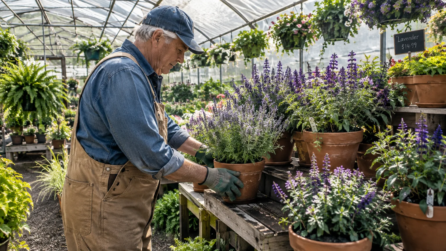 Older man in overalls and a blue baseball cap arranging potted purple lavender plants inside a sunlit greenhouse.