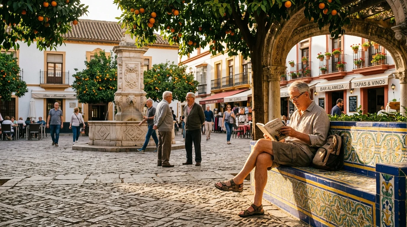 A man sits on a tiled bench reading a book in a cobblestone town square with orange trees and cafes in the background.