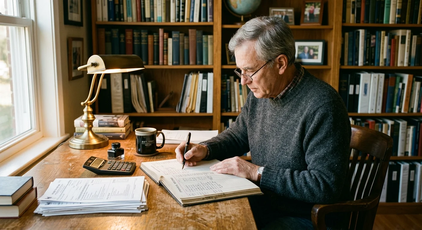 A man wearing glasses writes in a ledger at a wooden desk with papers, a calculator, and a lamp in front of bookshelves.