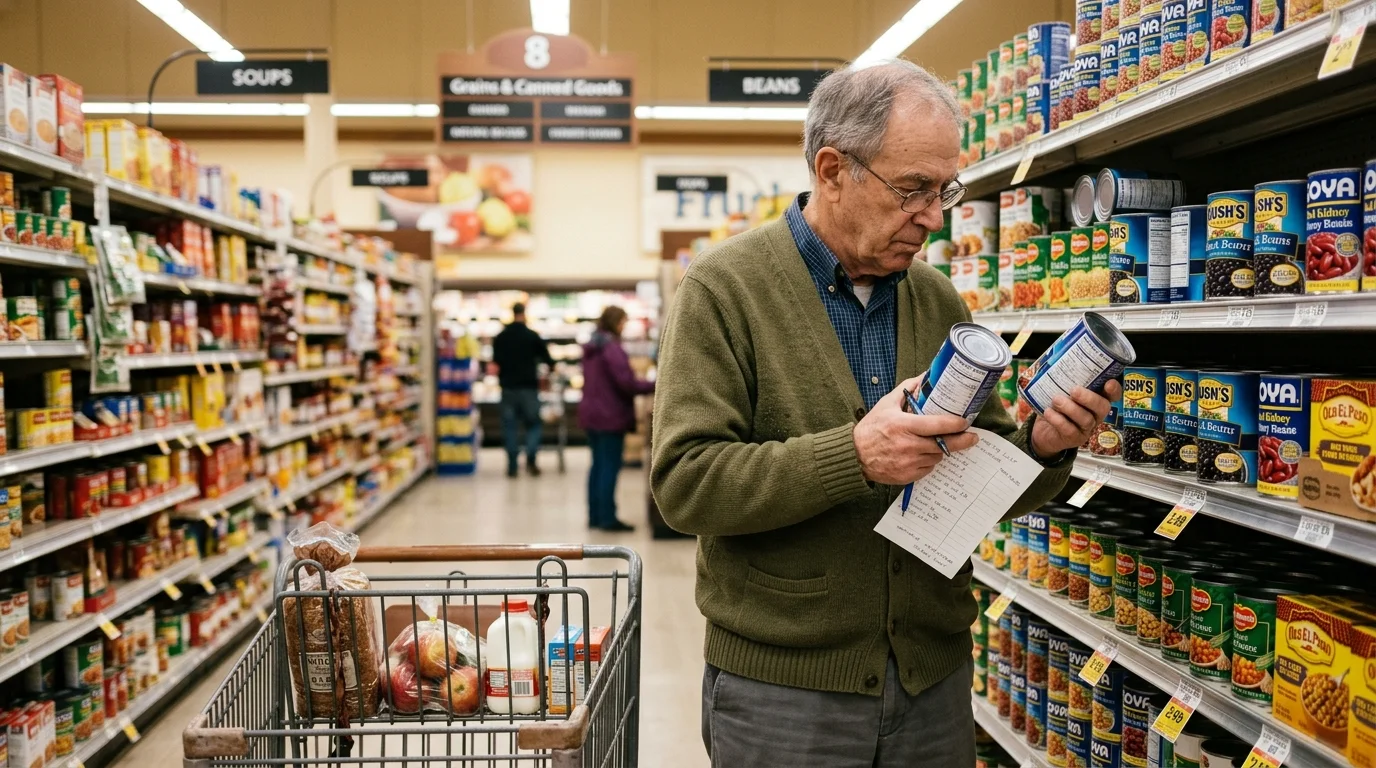 Senior man in a grocery store aisle comparing two canned goods while holding a handwritten shopping list.