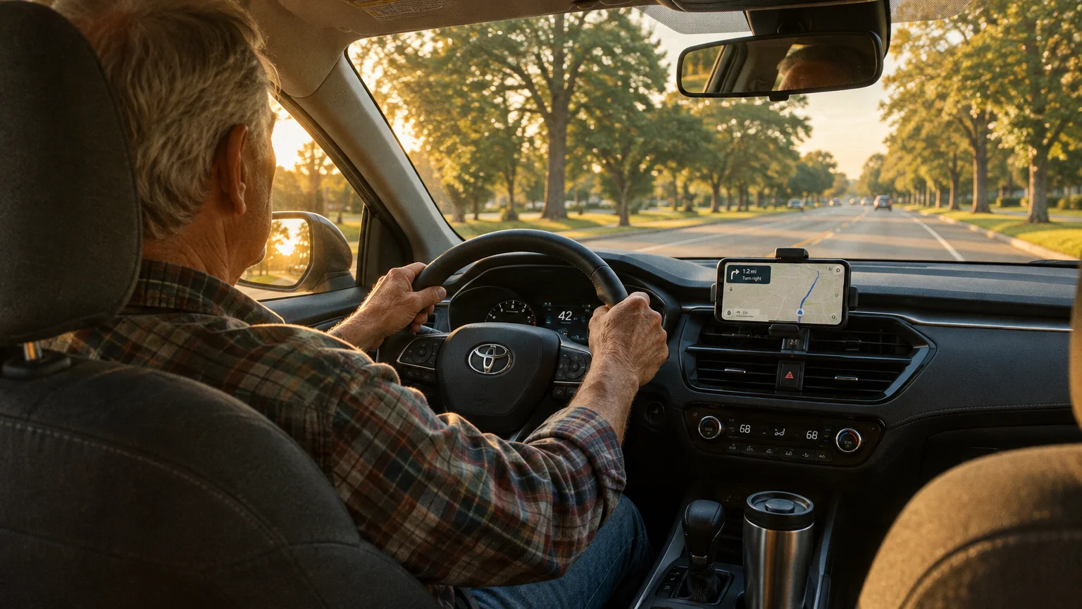 View from backseat of a senior man driving a car along a tree-lined suburban road using a smartphone GPS mount.