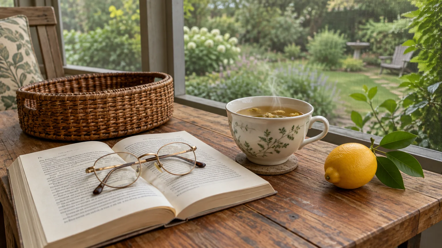 An open book with eyeglasses, a steaming teacup, a fresh lemon, and a woven basket on a table overlooking a lush garden.