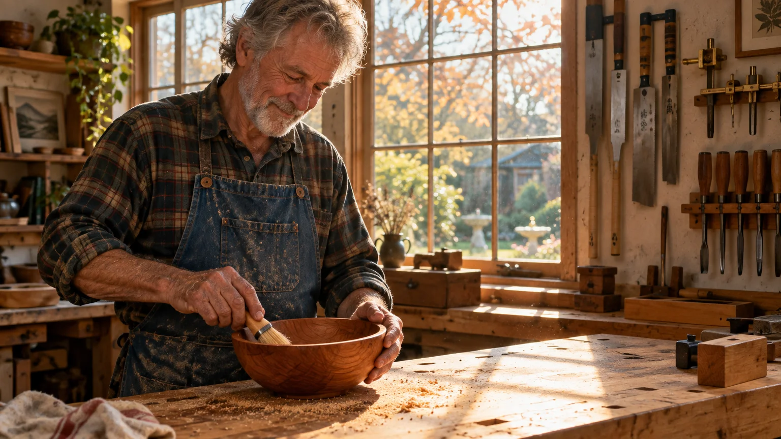 Senior man in an apron brushing wood shavings from a carved wooden bowl in a sunlit woodworking shop.
