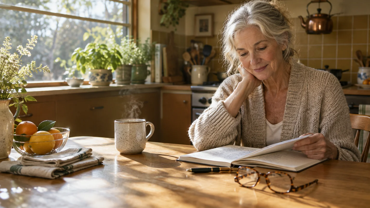 Senior woman reading a notebook at a sunlit wooden kitchen table beside a steaming mug and reading glasses.