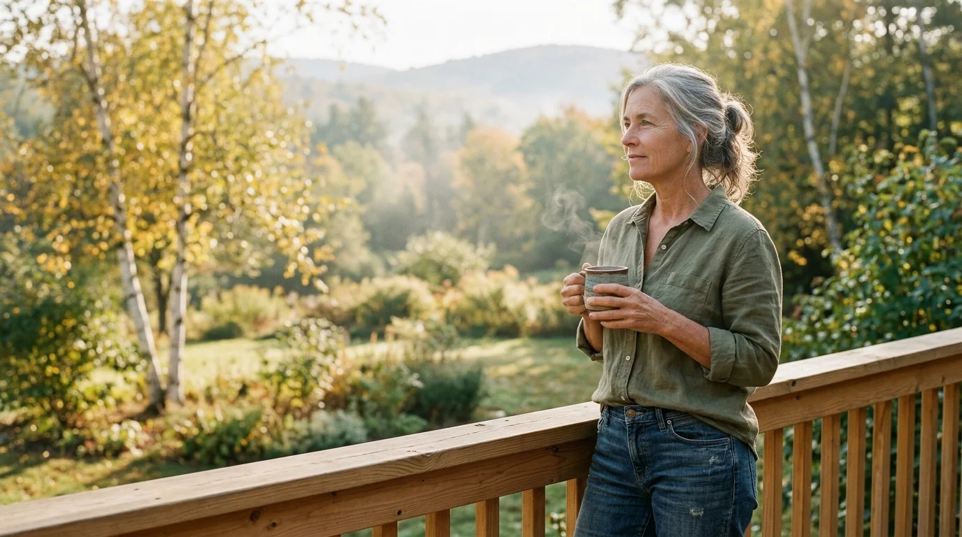 A mature woman holds a steaming mug while leaning against a wooden deck railing overlooking a sunlit forest.