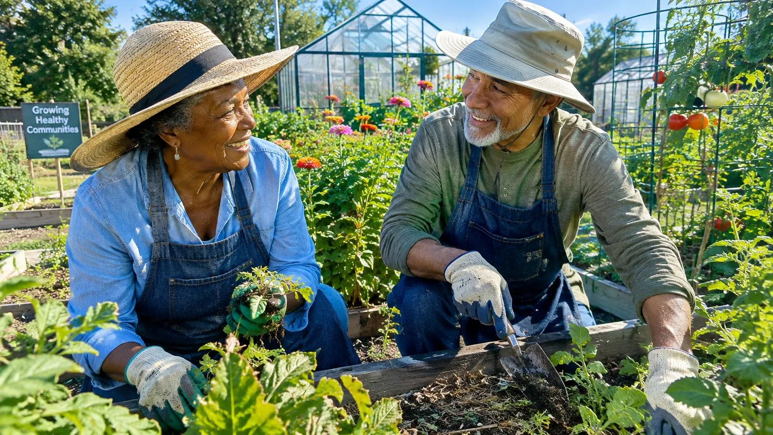 An older man and woman wearing sun hats and denim aprons smile together while tending plants in a garden bed.