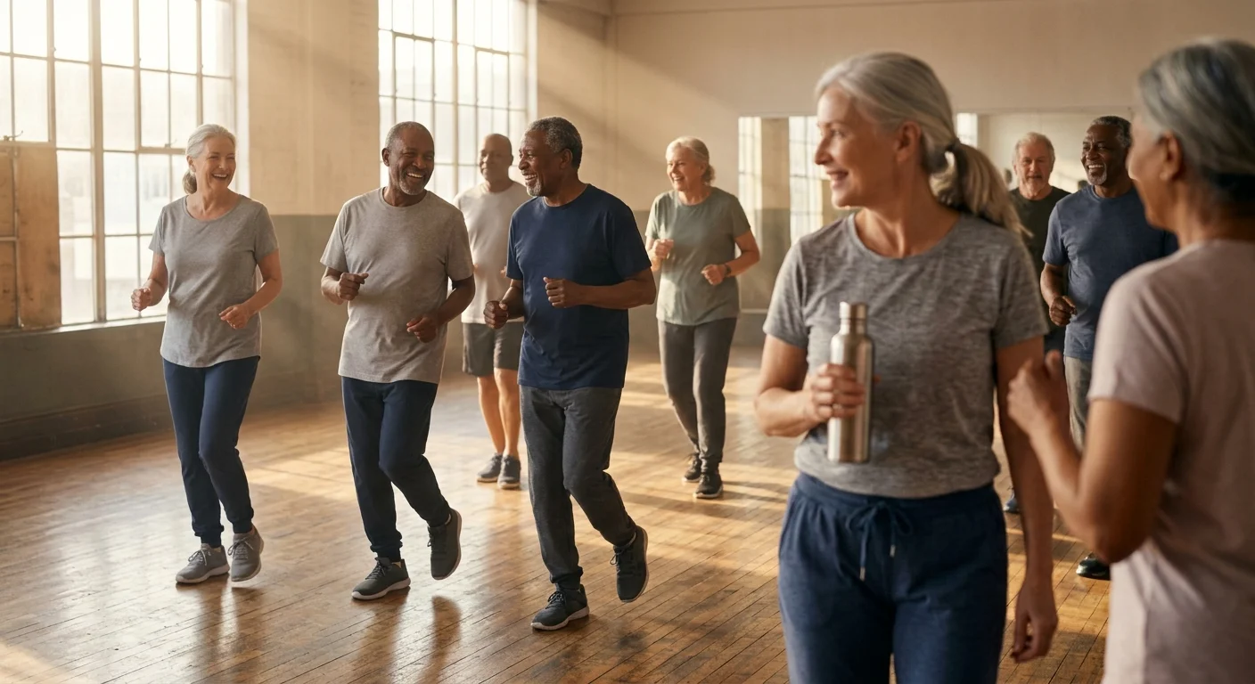 A group of active seniors smiling and exercising in a sunlit indoor fitness studio with wooden floors.