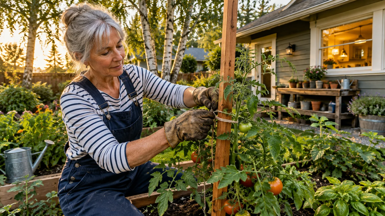 Senior woman in overalls tying a tomato plant to a wooden stake in a backyard garden outside a house.