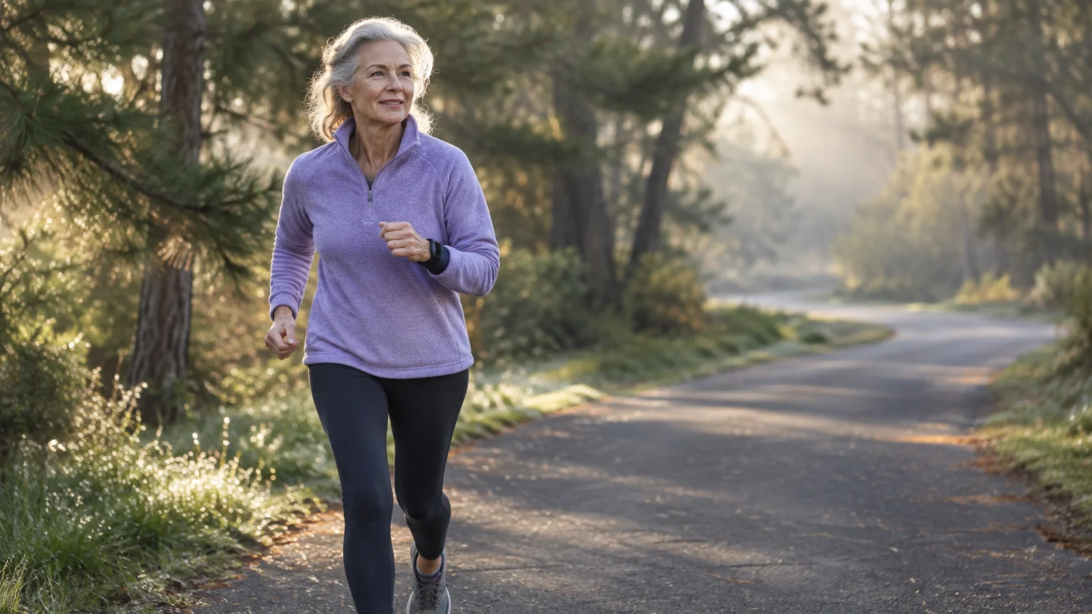 A senior woman with gray hair jogs down a quiet paved road through a sunlit pine forest in the morning.