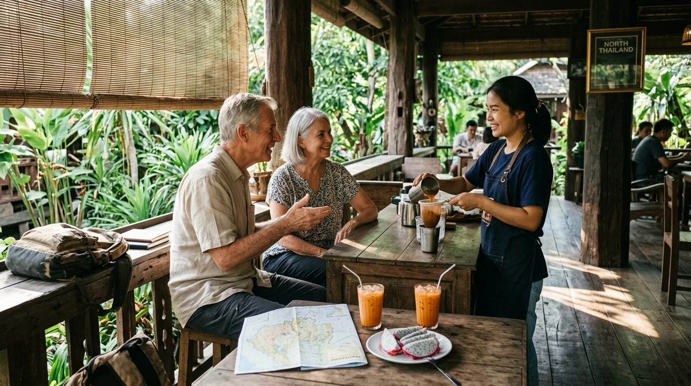 A senior couple sitting at an open-air wooden cafe table while a smiling server pours a drink.