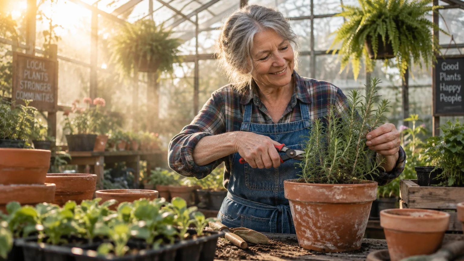 Smiling older woman wearing a denim apron trims a potted rosemary plant with shears inside a sunny greenhouse.