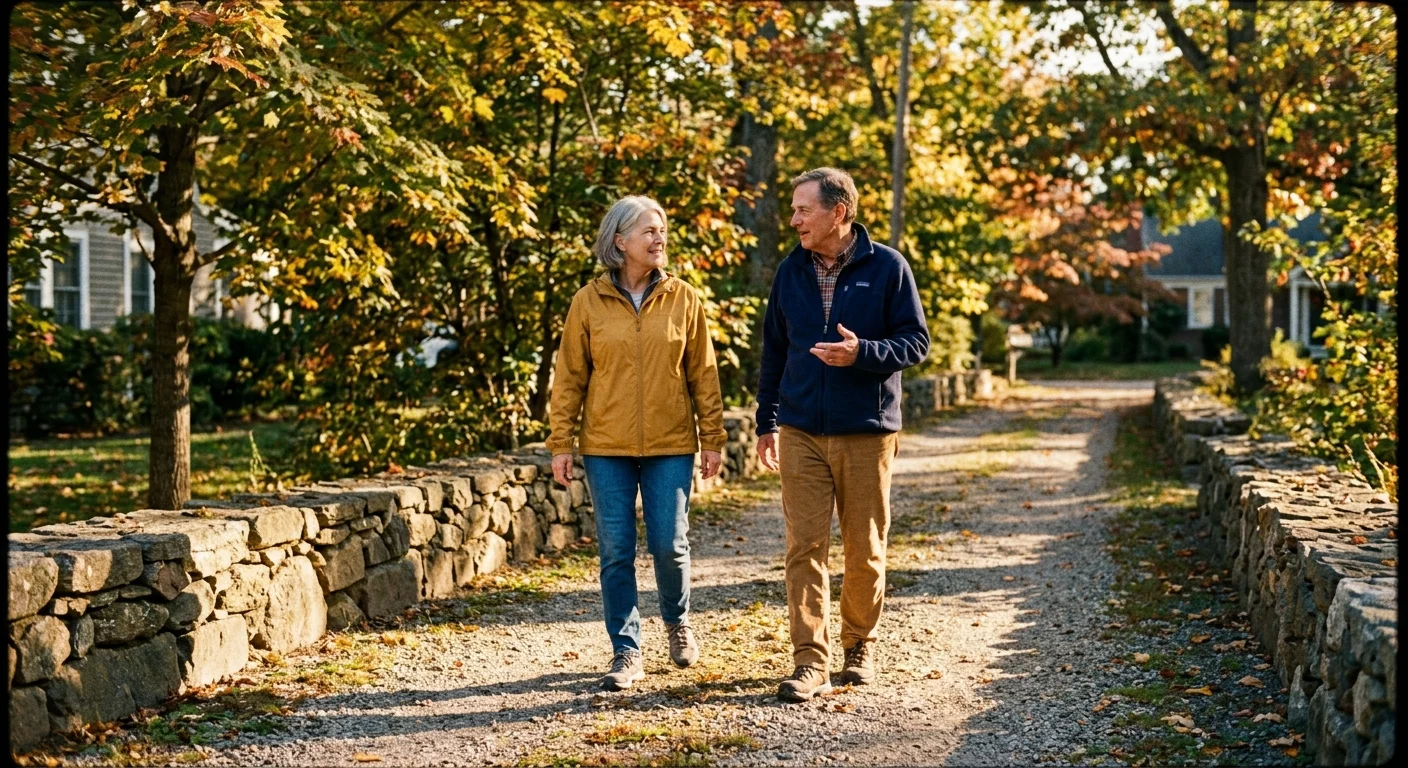 An older man and woman walking down a gravel lane flanked by low stone walls and autumn trees.