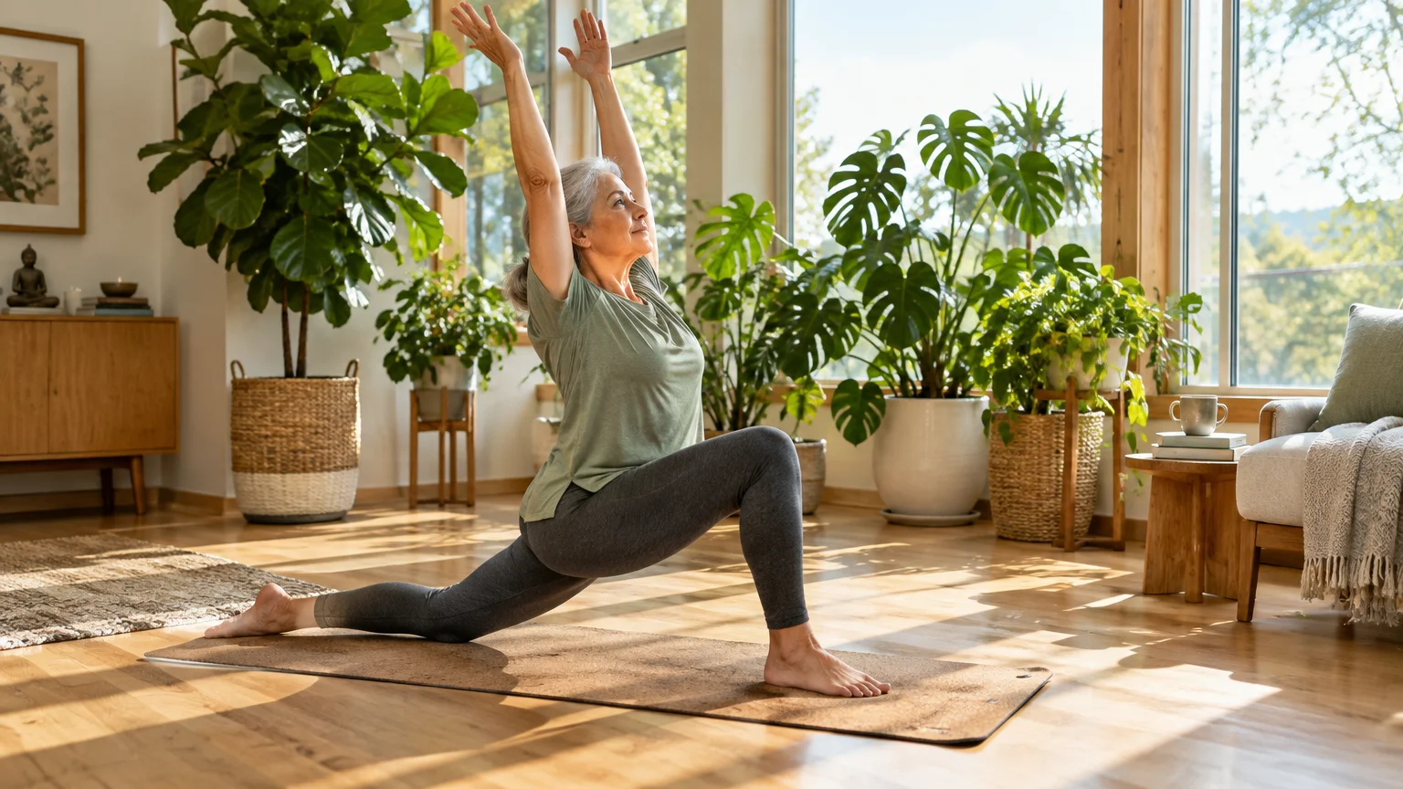 A senior woman does a low lunge stretch with raised arms on an exercise mat in a sunlit living room full of plants.