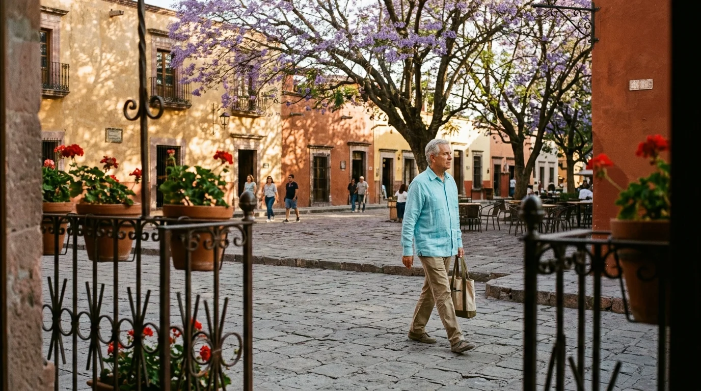 A senior man in a light blue shirt walks through a cobblestone plaza lined with blooming trees and historic buildings.
