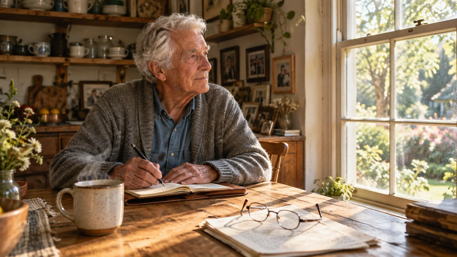 Senior man sitting at a wooden table by a sunny window, writing in a notebook beside a steaming mug and eyeglasses.