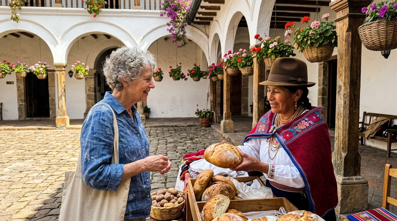 A senior woman smiles as an Indigenous Ecuadorian vendor in traditional clothing offers her a loaf of freshly baked bread.