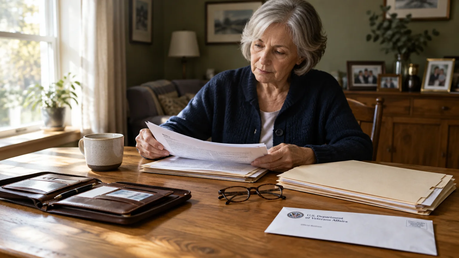 A senior woman reviews paperwork at a wooden dining table with a mug, folders, glasses, and an official mail envelope.