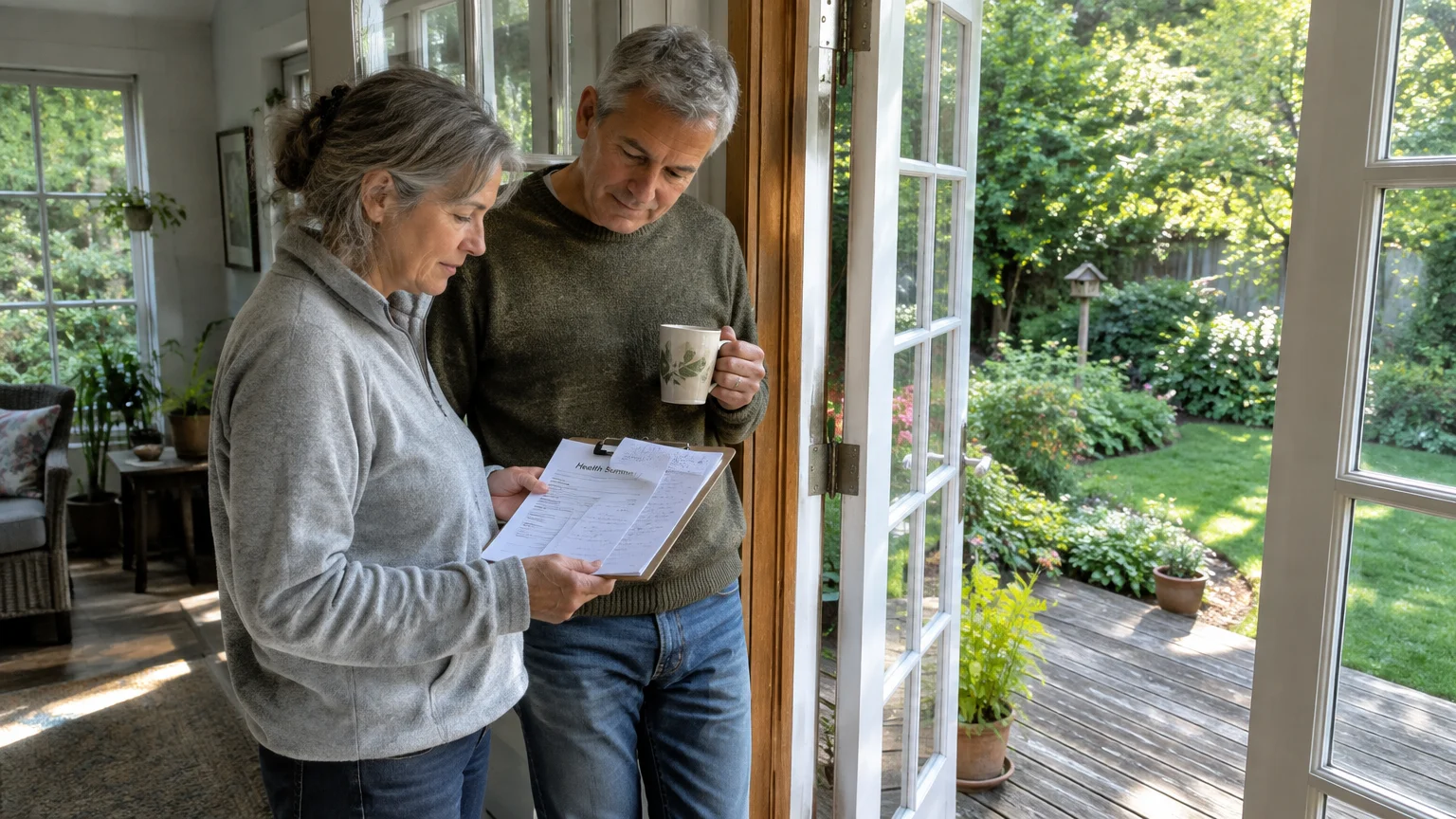 An older couple stands by an open patio door reviewing papers on a clipboard while holding a mug.
