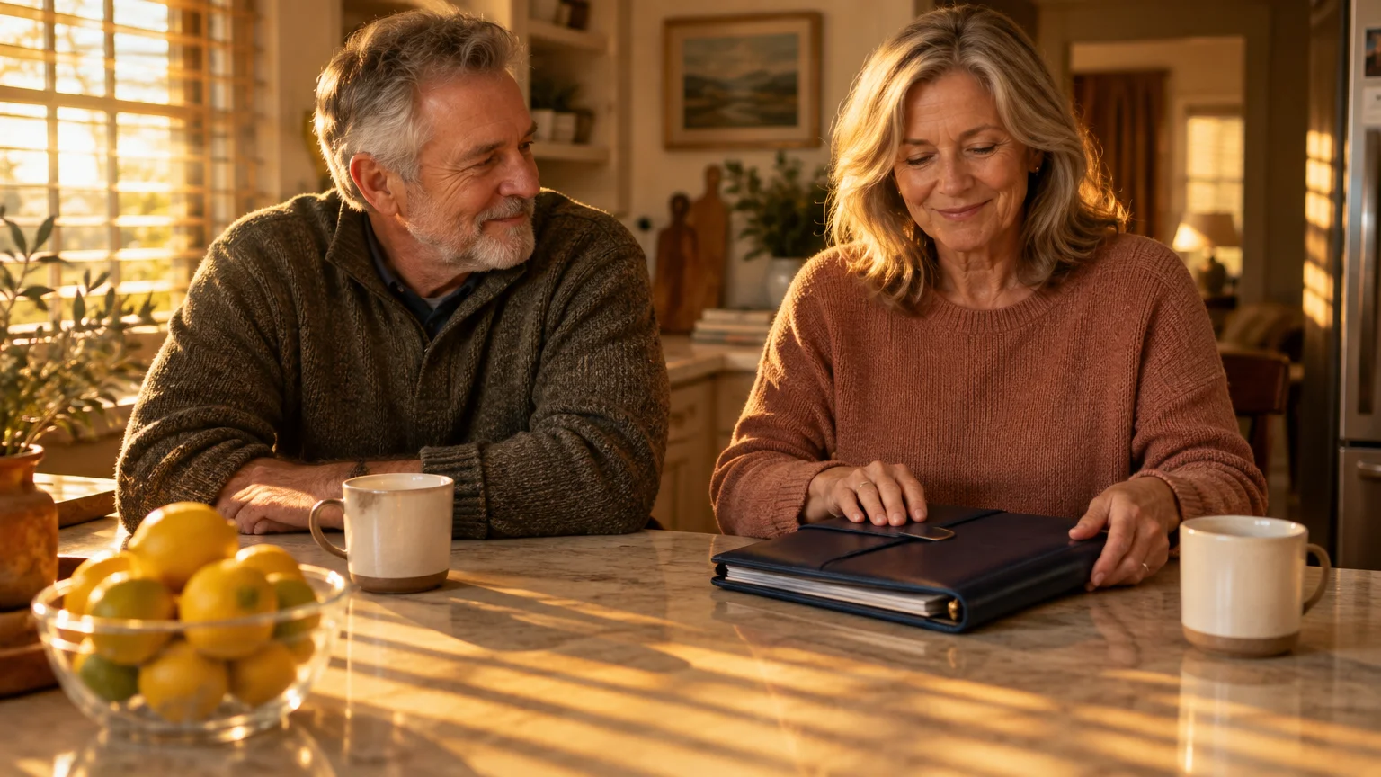 Mature couple sitting at a sunlit kitchen island with coffee mugs, a bowl of lemons, and a closed leather binder.