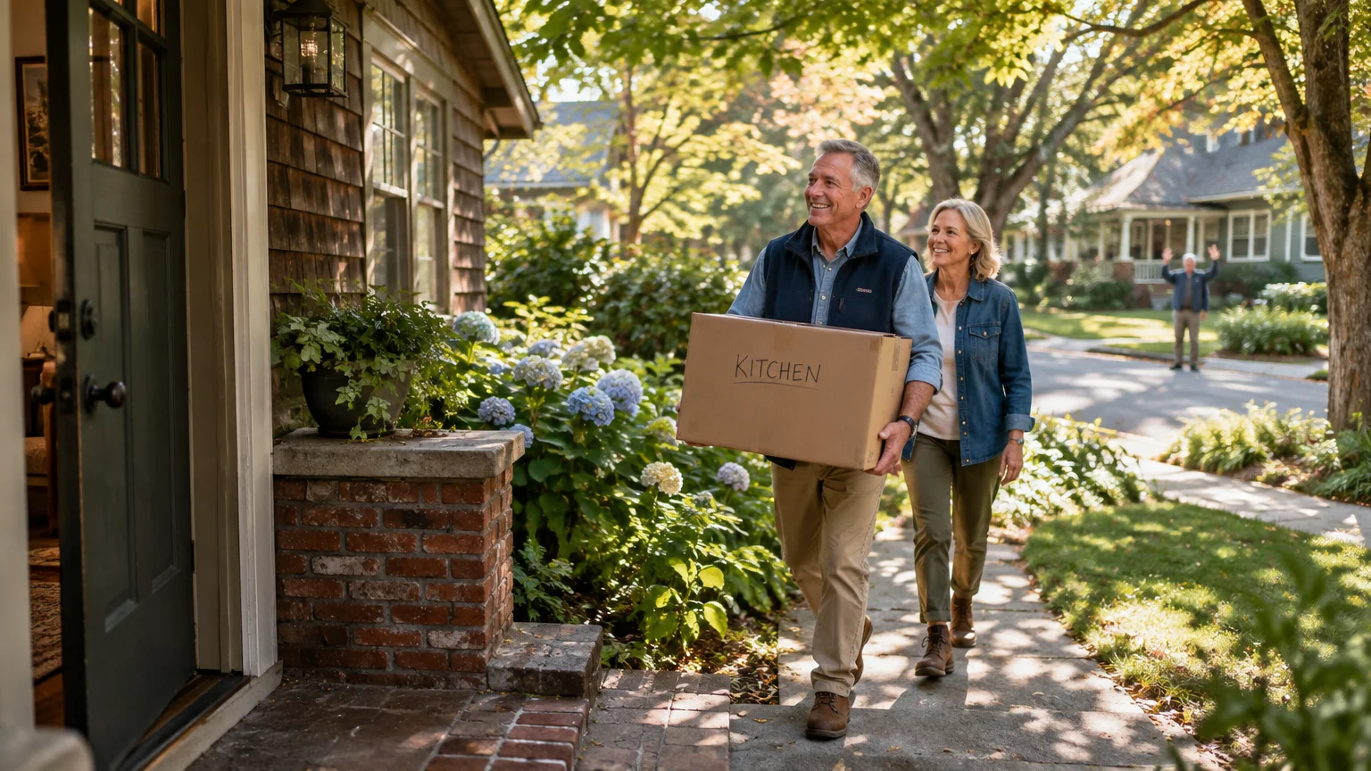 A smiling mature couple walks up the front path toward a house, with the man carrying a moving box labeled kitchen.